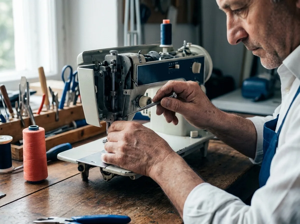 Les mains d'un réparateur ajustant le mécanisme interne d'une machine à coudre ouverte.
